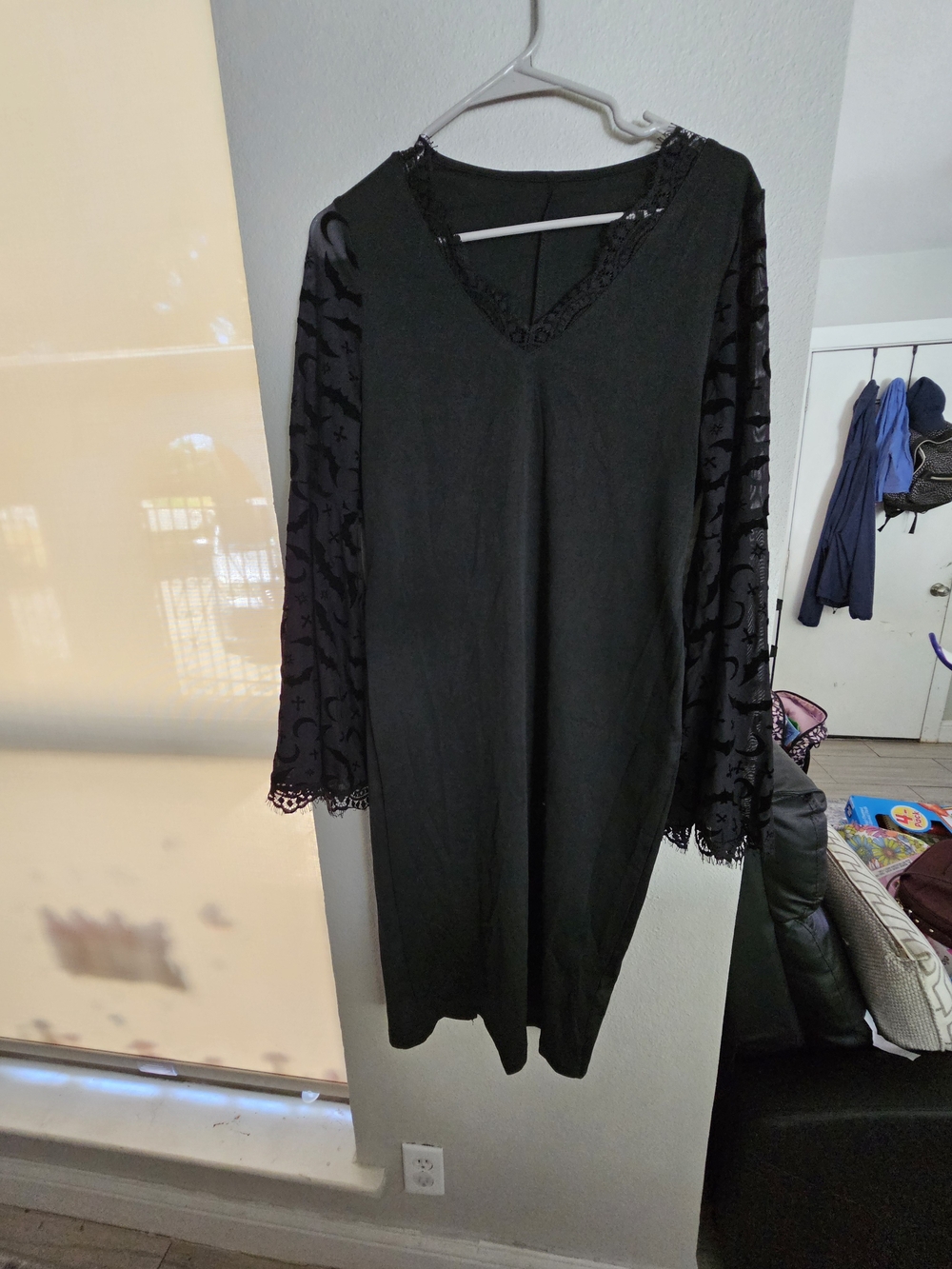 Black Lace-Sleeve V-Neck Bat And Cross Women’s Dress